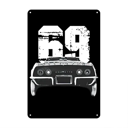 1969 Corvette Rear View With Year Silhouette Black Metal Poster Wall Art Decor Sign