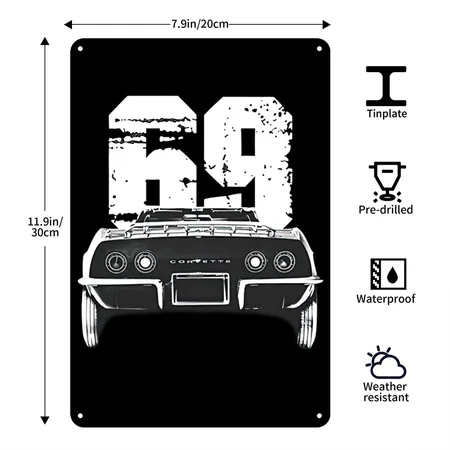 1969 Corvette Rear View With Year Silhouette Black Metal Poster Wall Art Decor Sign