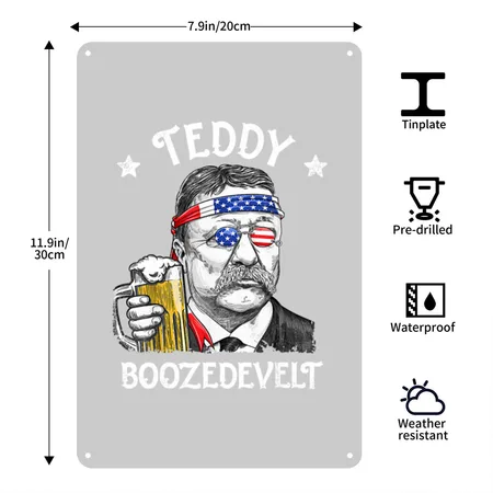4th Of July Teddy Boozedevelt Theodore Roos Heather Gray Metal Poster Wall Art Decor Sign