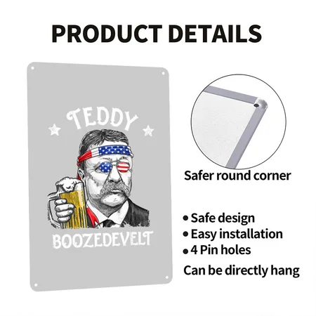 4th Of July Teddy Boozedevelt Theodore Roos Heather Gray Metal Poster Wall Art Decor Sign