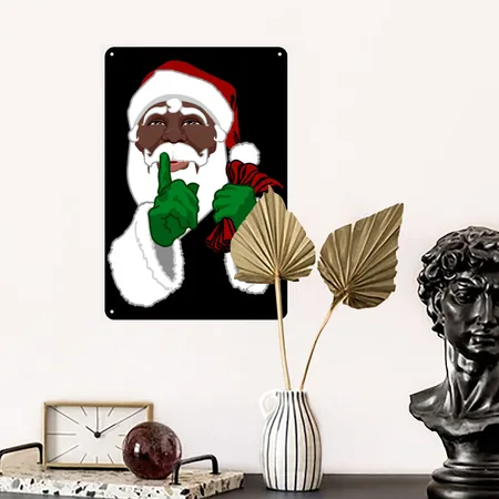 African American Santa Black Santa Clause Black Metal Poster Wall Art Decor Sign