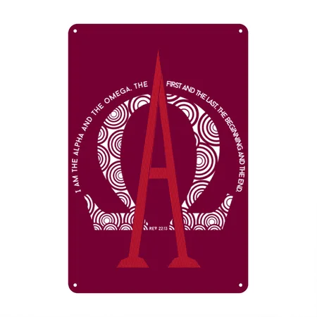 Alpha And Omega Revelation 22 Burgundy Metal Poster Wall Art Decor Sign