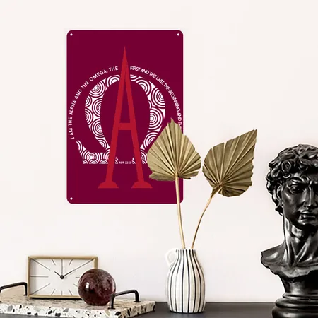 Alpha And Omega Revelation 22 Burgundy Metal Poster Wall Art Decor Sign
