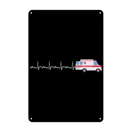 Ambulance Heartbeat Ambulance Parademic EMT Black/white Metal Poster Wall Art Decor Sign