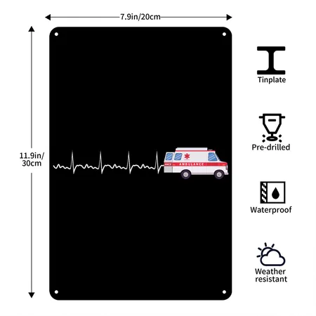 Ambulance Heartbeat Ambulance Parademic EMT Black/white Metal Poster Wall Art Decor Sign