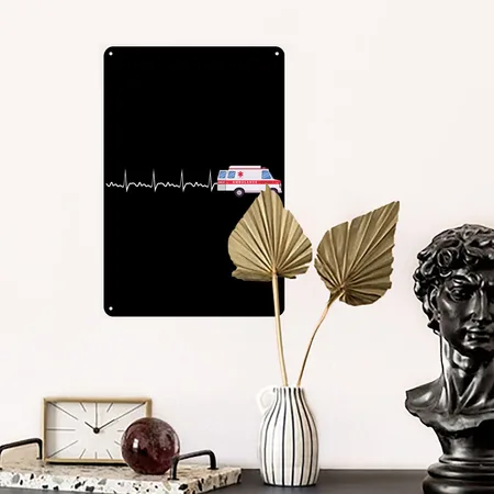 Ambulance Heartbeat Ambulance Parademic EMT Black/white Metal Poster Wall Art Decor Sign