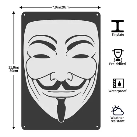 Anonymous Guy Fawks Mask _v1 1_color Vector Heather Black Metal Poster Wall Art Decor Sign