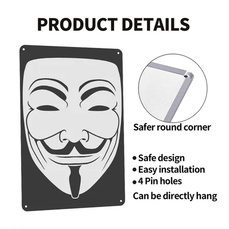 Anonymous Guy Fawks Mask _v1 1_color Vector Heather Black Metal Poster Wall Art Decor Sign
