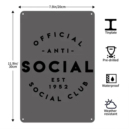 Anti Social Social Club Charcoal Grey Metal Poster Wall Art Decor Sign