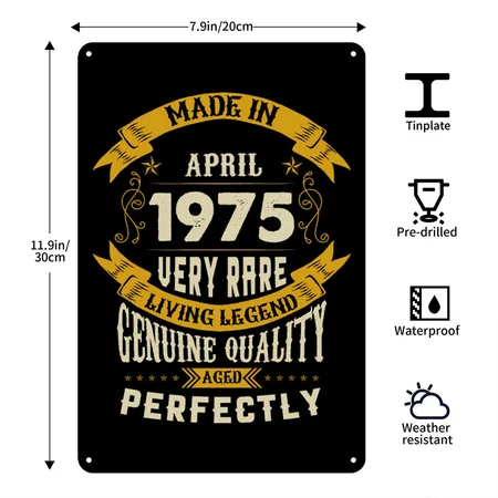 April 1975 Vintage Birthday Present Black Metal Poster Wall Art Decor Sign