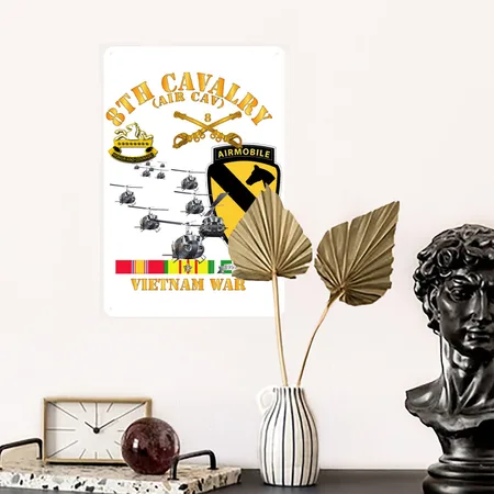 Army 8th Cavalry Air Cav 1st Cav Division W SVC White/cobalt Blue Metal Poster Wall Art Decor Sign