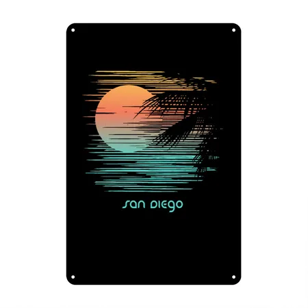 Artistic San Diego California Palm Tree Vacation Black Metal Poster Wall Art Decor Sign