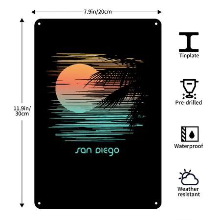 Artistic San Diego California Palm Tree Vacation Black Metal Poster Wall Art Decor Sign