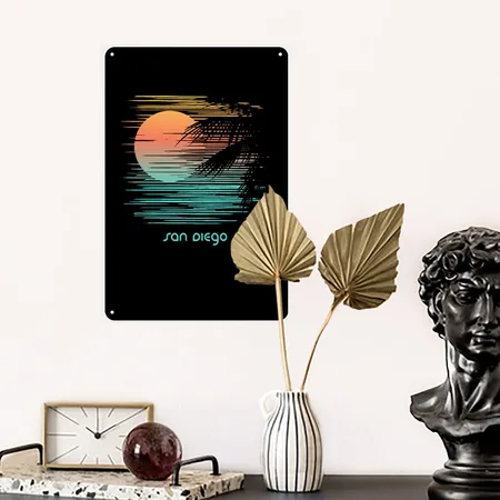 Artistic San Diego California Palm Tree Vacation Black Metal Poster Wall Art Decor Sign