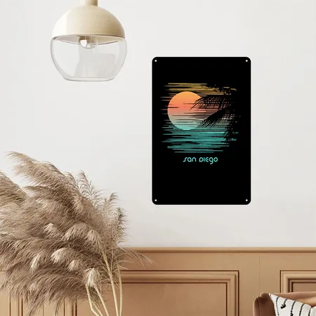 Artistic San Diego California Palm Tree Vacation Black Metal Poster Wall Art Decor Sign