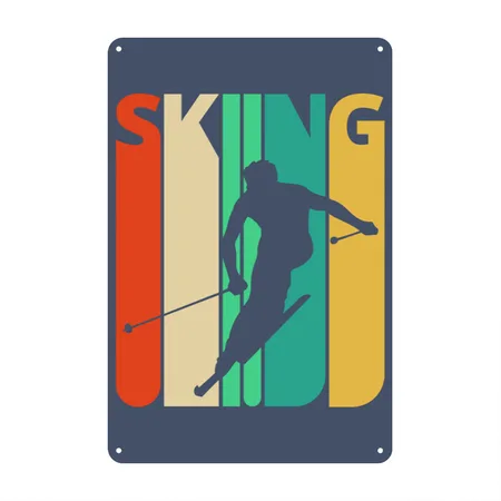Awesome 70's Vintage Retro Skiing Gifts For Skiers Heather Navy Metal Poster Wall Art Decor Sign