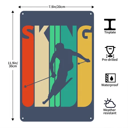 Awesome 70's Vintage Retro Skiing Gifts For Skiers Heather Navy Metal Poster Wall Art Decor Sign