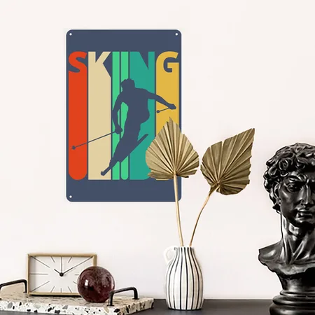 Awesome 70's Vintage Retro Skiing Gifts For Skiers Heather Navy Metal Poster Wall Art Decor Sign