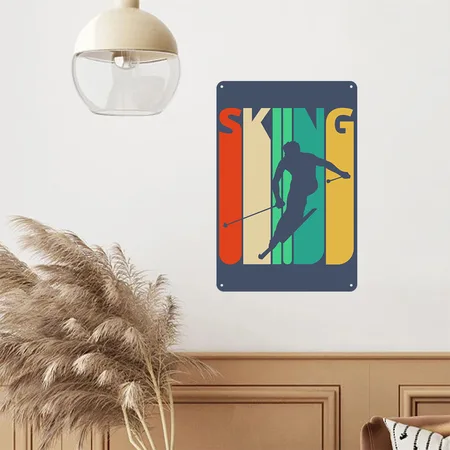 Awesome 70's Vintage Retro Skiing Gifts For Skiers Heather Navy Metal Poster Wall Art Decor Sign