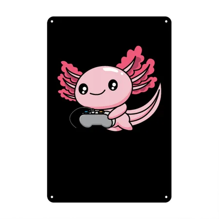 Axolotl Plays Video Games Gaming Lover Geek Gamer Black Metal Poster Wall Art Decor Sign