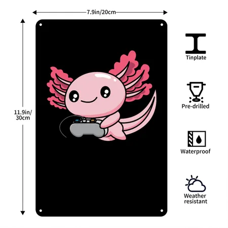 Axolotl Plays Video Games Gaming Lover Geek Gamer Black Metal Poster Wall Art Decor Sign