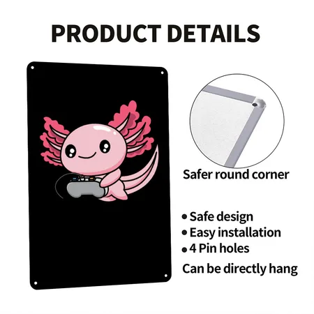 Axolotl Plays Video Games Gaming Lover Geek Gamer Black Metal Poster Wall Art Decor Sign