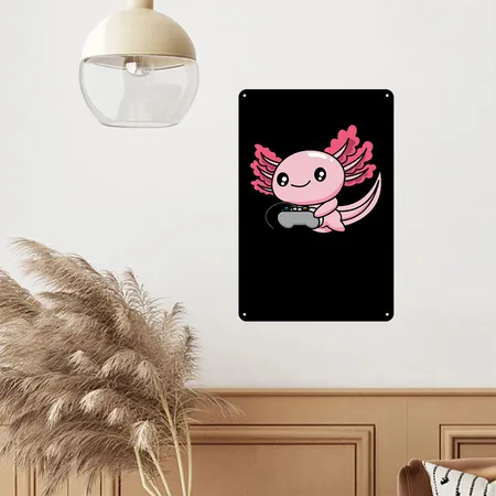 Axolotl Plays Video Games Gaming Lover Geek Gamer Black Metal Poster Wall Art Decor Sign