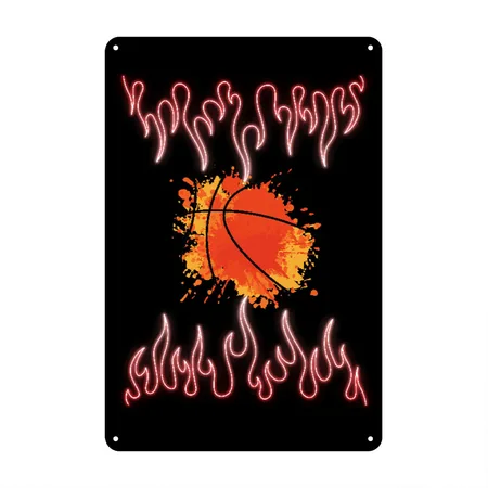 Basketball Flames Fire Black Metal Poster Wall Art Decor Sign