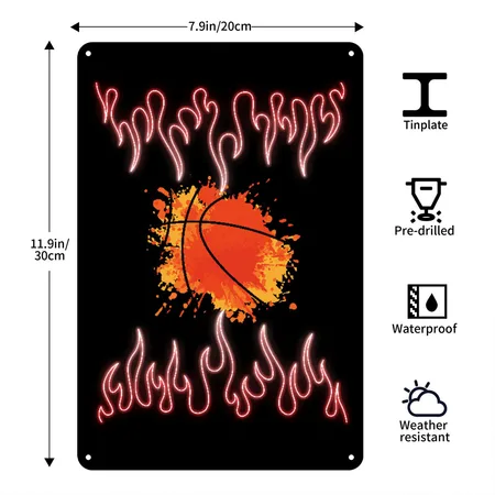 Basketball Flames Fire Black Metal Poster Wall Art Decor Sign
