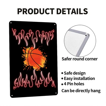 Basketball Flames Fire Black Metal Poster Wall Art Decor Sign