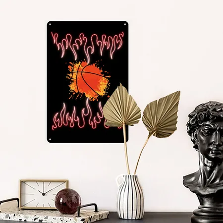 Basketball Flames Fire Black Metal Poster Wall Art Decor Sign