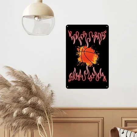 Basketball Flames Fire Black Metal Poster Wall Art Decor Sign