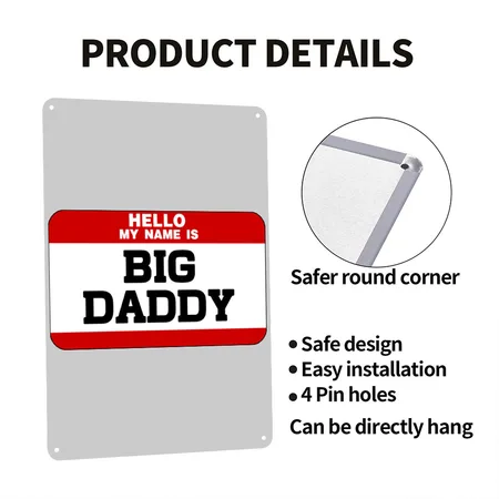 Big Daddy Name Tag Heather Gray Metal Poster Wall Art Decor Sign