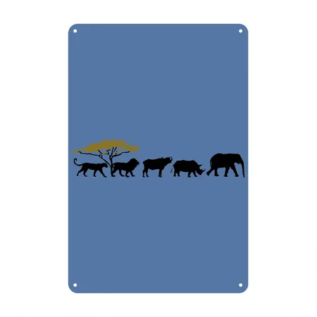 Big Five In The Savannah Denim Blue Metal Poster Wall Art Decor Sign