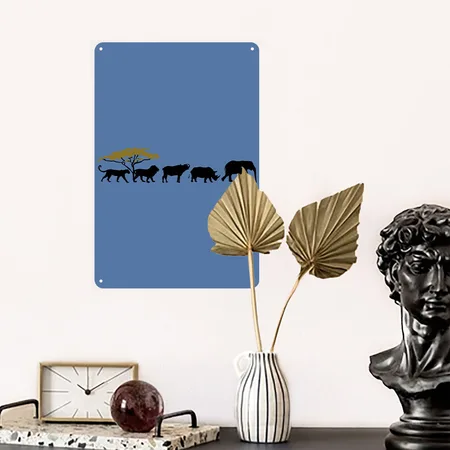 Big Five In The Savannah Denim Blue Metal Poster Wall Art Decor Sign