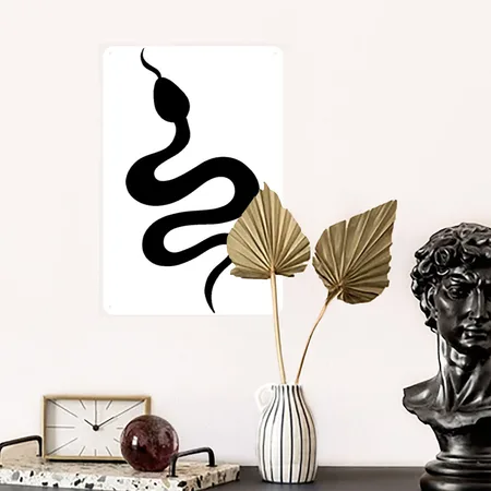 Black Snake Silhouette. Hissing Viper. White Metal Poster Wall Art Decor Sign
