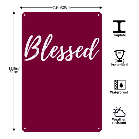 Blessed Christian Faithful Religious Thankful Burgundy Metal Poster Wall Art Decor Sign