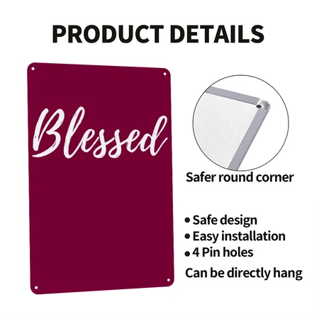 Blessed Christian Faithful Religious Thankful Burgundy Metal Poster Wall Art Decor Sign