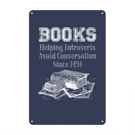 Books Helping Introverts Avoid Conversation Navy Metal Poster Wall Art Decor Sign
