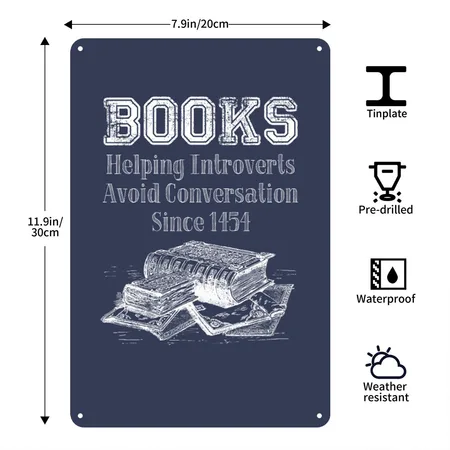 Books Helping Introverts Avoid Conversation Navy Metal Poster Wall Art Decor Sign