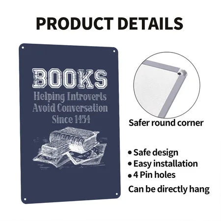 Books Helping Introverts Avoid Conversation Navy Metal Poster Wall Art Decor Sign