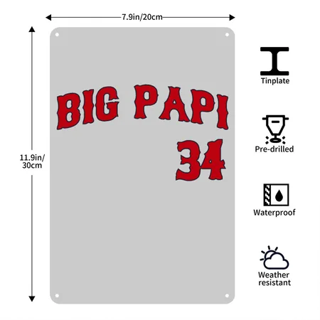 Boston Red David Ortiz Big Papi Jersey Tee Men Heather Gray Metal Poster Wall Art Decor Sign