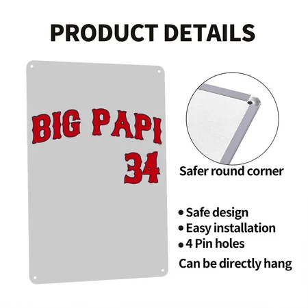 Boston Red David Ortiz Big Papi Jersey Tee Men Heather Gray Metal Poster Wall Art Decor Sign