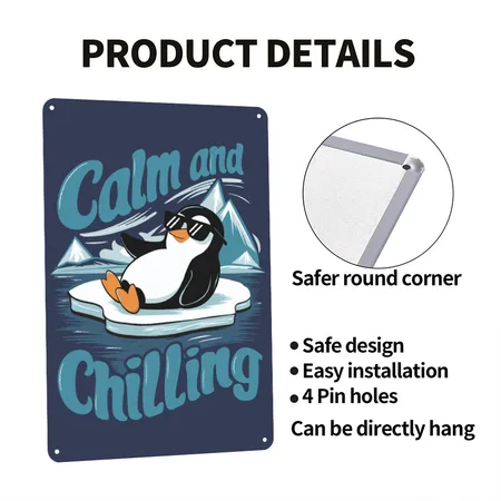 Calm And Chilling Chill Penguin Navy Metal Poster Wall Art Decor Sign