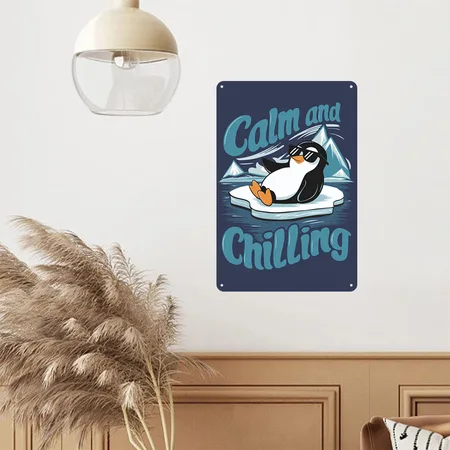 Calm And Chilling Chill Penguin Navy Metal Poster Wall Art Decor Sign