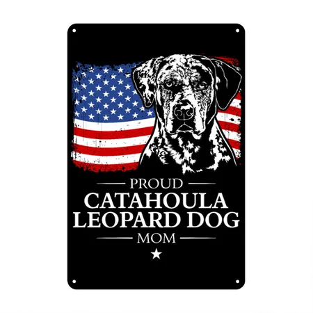 CATAHOULA LEOPARD DOG Mom American Flag Patriotic Black/white Metal Poster Wall Art Decor Sign