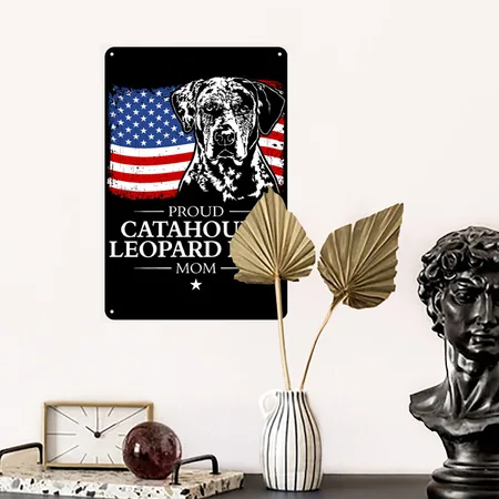 CATAHOULA LEOPARD DOG Mom American Flag Patriotic Black/white Metal Poster Wall Art Decor Sign