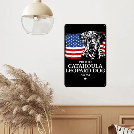 CATAHOULA LEOPARD DOG Mom American Flag Patriotic Black/white Metal Poster Wall Art Decor Sign