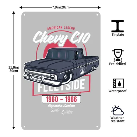 Chevy C10 - American Legend Heather Grey Metal Poster Wall Art Decor Sign