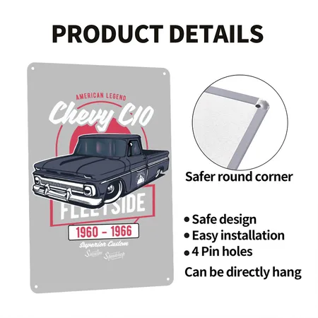 Chevy C10 - American Legend Heather Grey Metal Poster Wall Art Decor Sign